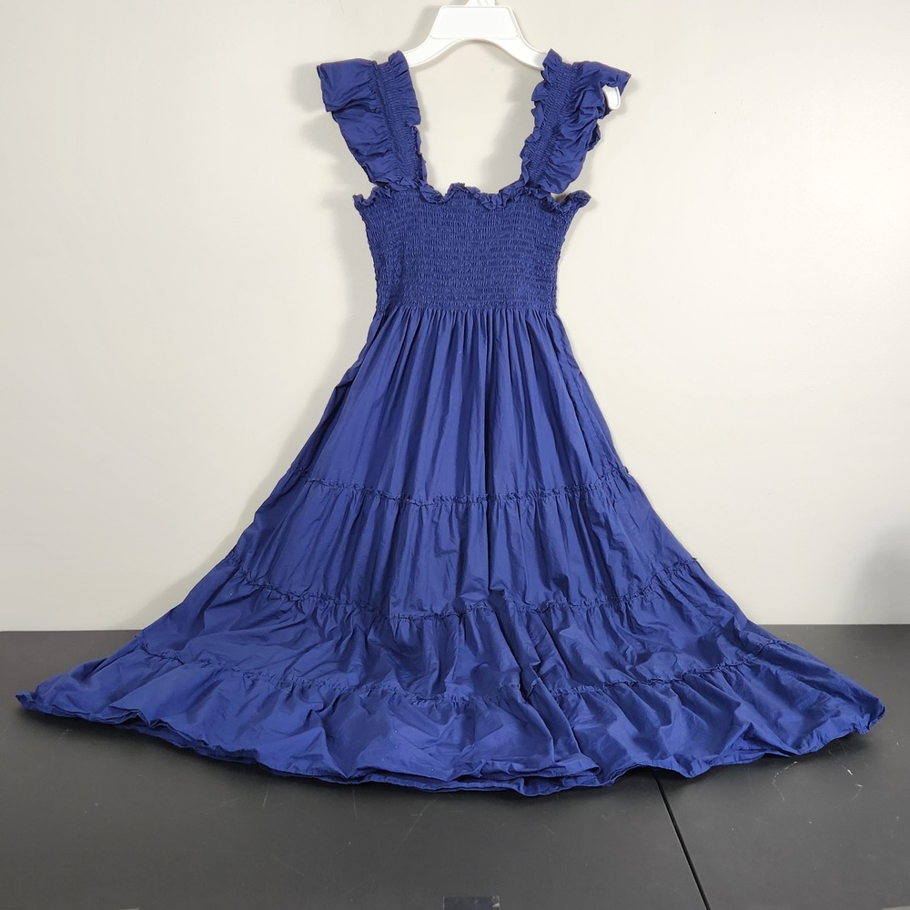 Hill House Home Ellie Nap Dress Navy Blue Smocked Ruffle Midi Cotton Small